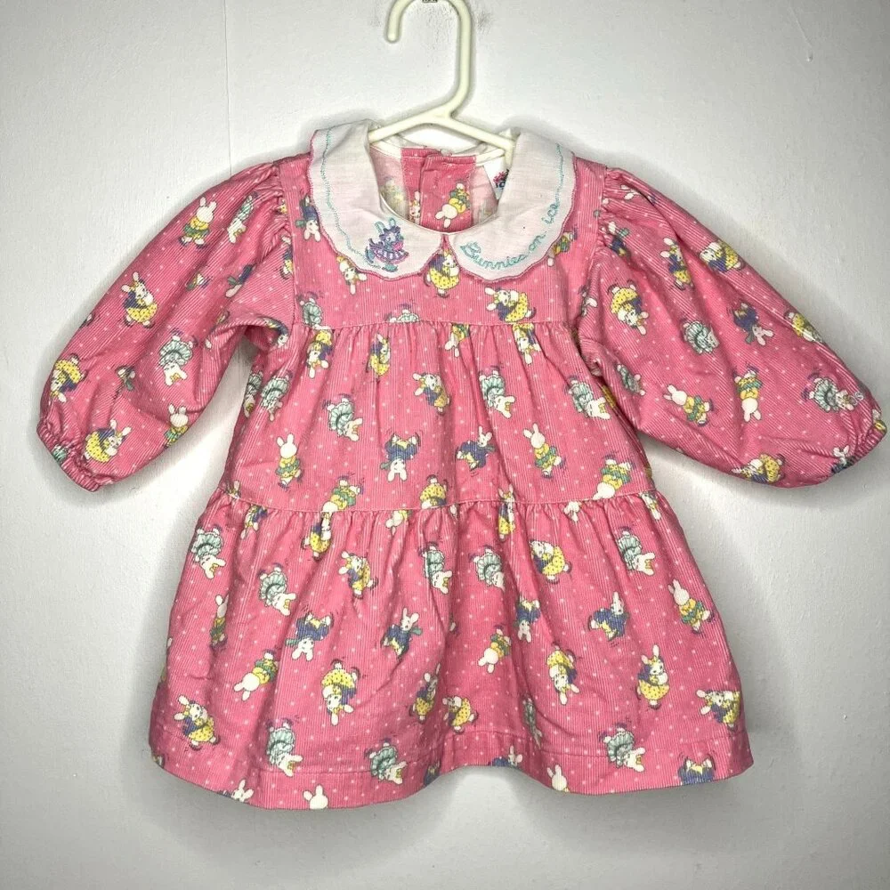 Vintage Osh Kosh Pink Corduroy Baby 12 Months Dress Bunny Bunnies On Ice